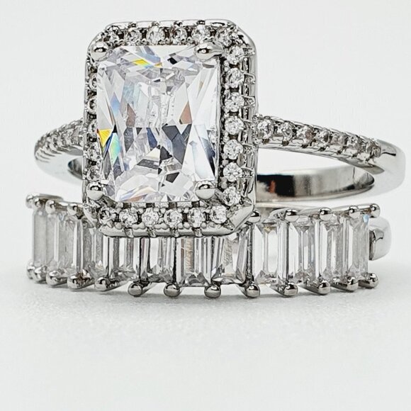 💥Engagement Radiant CZ Micro Pave Silver Plated Wedding Ring Set, UNVN12329 - Picture 9 of 10